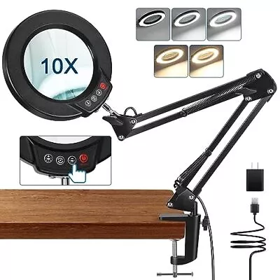 MagnieOpti 10X Magnifying Glass With Light And Clamp 5 Color Modes Stepless D... • $44.79