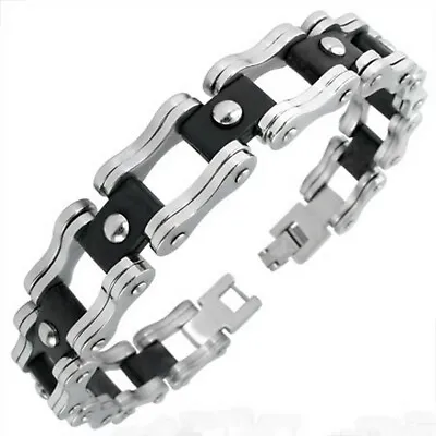 Stainless Steel Silver Black Two-Tone Mens Links Chain Bracelet With Clasp • $19.99