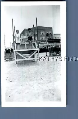 Found B&w Photo N+1776 Boys In Swimsuits Posed On Stand On Beach • $3.98