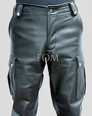 Men's Real Leather Cargo Pockets Pants Biker Trousers Black Motorcycle Pants • £91.95