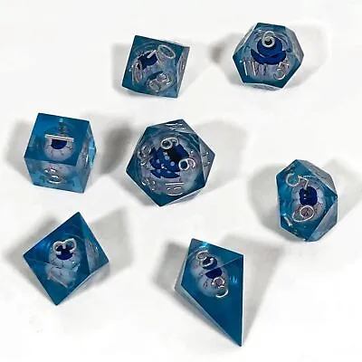 Blue MOVING Eyeball LIQUID Eye DND Dice Set 7 Polyhedral Sharp Edge Transparent • $12.95