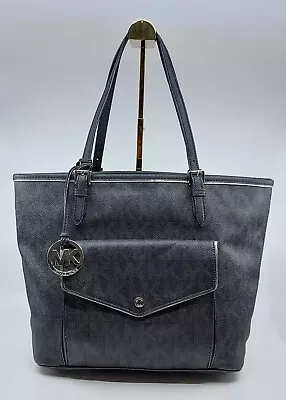 Michael Kors Black Gray Jet Set Pocket Open Bucket Tote Shoulder Handbag Purse • $74.70