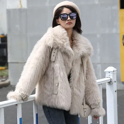 Womens Korean Fashion Faux Fur Buckle Strap Lapel Collar Jacket Winter Warm Coat • $154.11