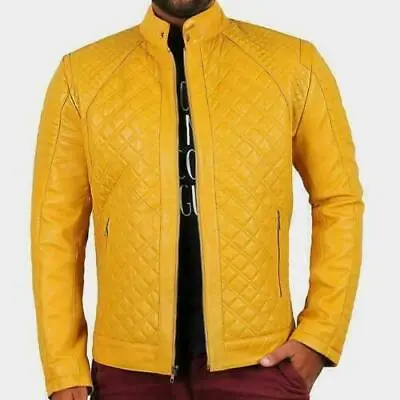 Men's Genuine Lambskin Leather Biker Jacket Decent Yellow Festive Motorcycle • $160