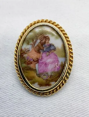 Vintage Gold Framed Limoges France Fragonard Lovers Couple Porcelain Oval Brooch • £10