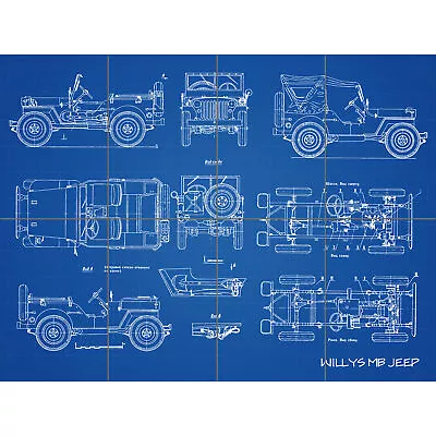 £14.99 • Buy Willys MB US Military Jeep Vehicle Blueprint Plan XL Panel Poster (8 Sections)