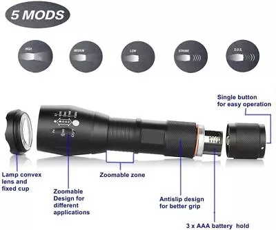 XML-T6 LED Tactical Flashlight Zoomable Torch Light 1000 Lumen Torch Light AU  • $15.99