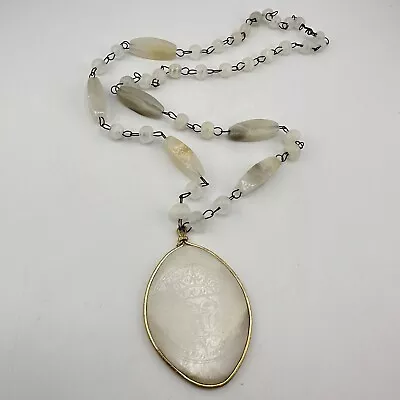 29” Vintage Brass White Gray Cream Banded Agate Carved MesoAmerican Necklace  • $30