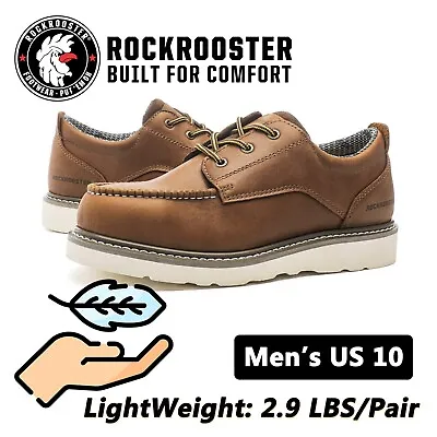ROCKROOSTER Trinidad Men's 4  Soft Moc Toe Brown Leather Work Shoes Lightweight • $119.99