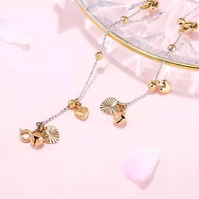 9K 9ct Yellow White Gold Plated ANKLE CHAIN Heart Bells Anklet. 10.2  Gift133 UK • £8.99