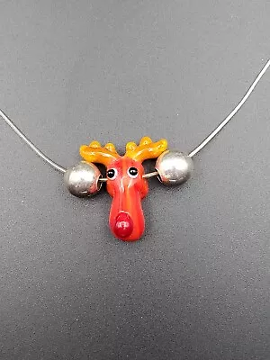 Very Cute Art Glass Moose Pendant With Sterling Silver Beads And Chain 15.5  • $4.99