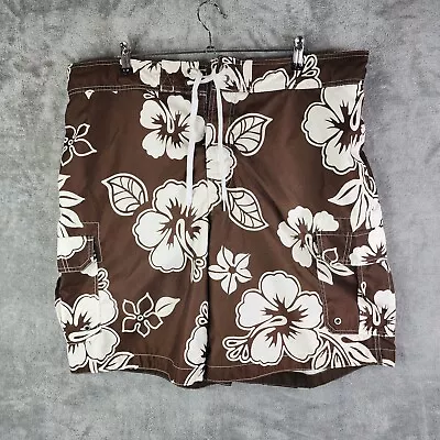 Mens Merona Brown / White Floral Mesh Lined Swim Trunks Size XL • $11.99
