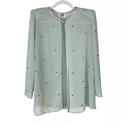 Vintage Beaded Sheer Jacket Sage Green Pastel Elegant Rhinestone Sweater Top • $13.93