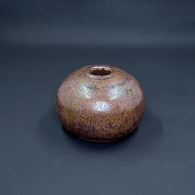 Vintage Mid Century Stoneware Pottery Vase Weed Pot Small Brown Wine Signed • $22