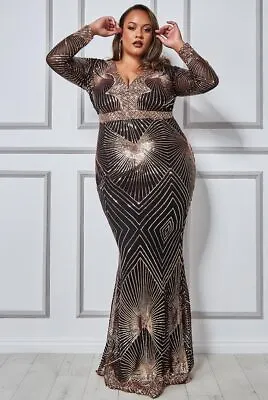 Goddiva Black-Gold Starburst Sequin Maxi Long Sleeve Formal Evening Party Dress • £89.99