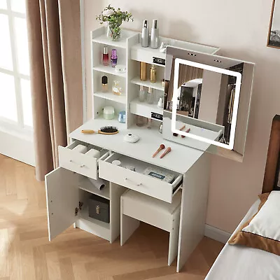 Makeup Vanity Table Set W/ LED Lighted Strip & Sliding Mirror Bedroom Dresser UK • £139.79