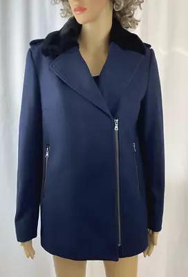 H&M Wool Blend Navy Pea Coat W/Faux Fur Collar Off-set Zipper Pockets Size 6 • $17.99