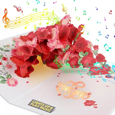 LIGHT MUSIC POP Up Valentine's Day Card 3D Greeting Card Rose Bouquet Romantic  • $26.24