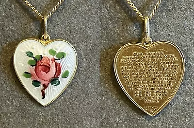 Vntg Ivar Holth Norway Rose Enamel Sterling Heart-lord's Prayer Charm / Necklace • $135