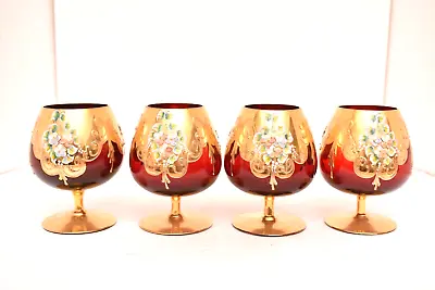 SET 4 MURANO Ruby RED GLASS TRE FUOCHI GOLD Venetian Brandy Glasses 4.5  Vintage • $206.12