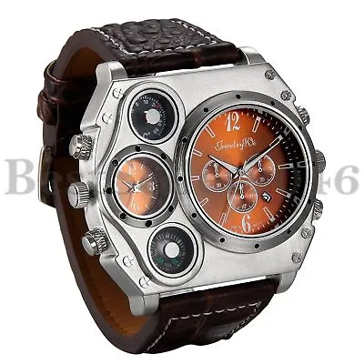 Mens Luxury Quartz Sport Military Dual Time Date Leather Band Large Wrist Watch • $17.99