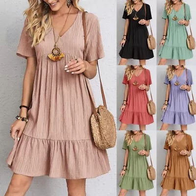 $32.99 • Buy Womens Short Sleeve V Neck Dress Ladies Casual Baggy Solid Pleated Swing Dress