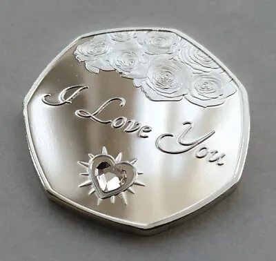  I Love You  Silver Plated Commemorative Coin + Crystal - Gift / Valentines Rose • £8.99