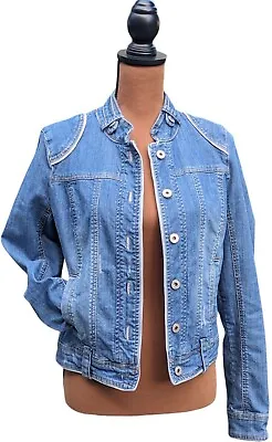G By GUESS Denim Jacket Large Jean Shacket Mandarin Collar Eppaulettes Edwardian • $25.20
