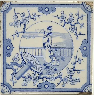 Antique Minton Fireplace Tile Blue & White Japonesque Style Lady C1885 • £50