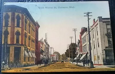 Postcard Coldwater Michigan MI South Monroe St. ~ National Bank ~ Pub. N.E. Roby • $5