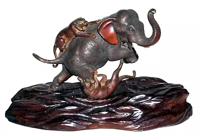 Vintage Japanese Bronze Sculpture Elephant Attacked By Two Tigers Signed (Kai) • £465.68