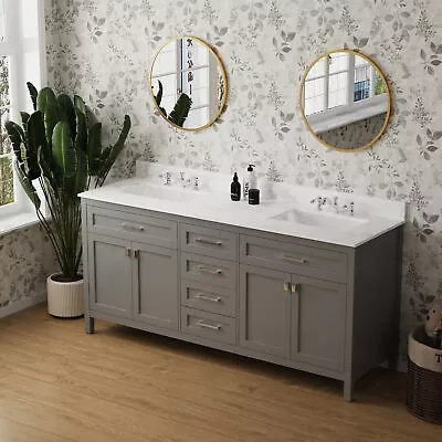 72  Wood Bathroom Vanity Marble Countertop Dual Sink Vanity Door Cabinet Grey • $1639.99