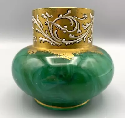 Loetz Glass Vase Malachite Marmoriertes Marbled Green Gold Gilt Enameled 1893 • $230