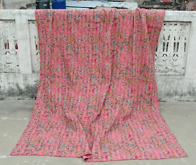 Indian Hand Block Kantha Twin Size Quilt Cotton Pink Bedspread Blanket Throw • £35.44