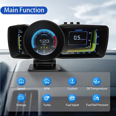 OBD GPS HUD Gauge Head Up Car Digital Display Speedometer Turbo RPM Alarm Temp • £40.89