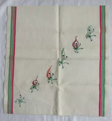 Vintage Hand Embroidered Linen Dish Towel~Vegetables Walking~Ivory W/ Green Red • $5.50