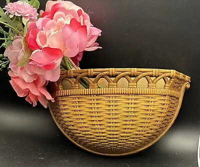 Vtg 70s Retro HOMCO Faux Wood Wicker Wall Pocket Half Basket Planter Storage • $15