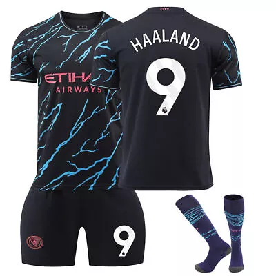 Kids Football Kit 2023 2024 Manchester City Harland 9 Second Away Sportswear Set • £13.57