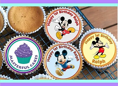 24 Personalised  Mickey Mouse Edible Rice Paper Cup Cake Toppers  • £3.45