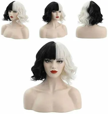 £8.69 • Buy Cruella De Vil Emma Black White Curly Wig, Halloween Cosplay Daily Party Wigs