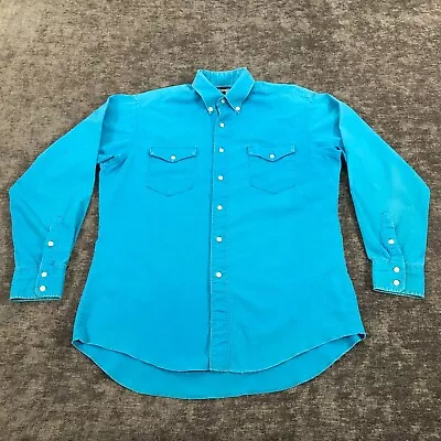 Vintage Wrangler Western Shirt Men Sz 16 Blue Brushpopper Western Cowboy Rancher • $39.99