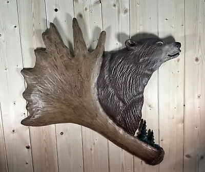 SALE Hand Carved Bear Wall Moose Antler   Art Chainsaw Carving Rustic  Folk Art • $75