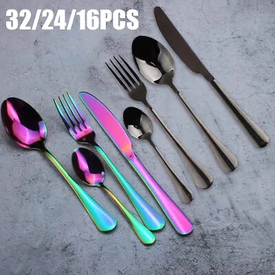 £15.99 • Buy 16/24/32pcs Stainless Steel Cutlery Sets Rainbow Colorful Fork For Dining UK