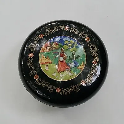 Vintage Hallmark Cards Round Black Plastic Lacquer Pastoral Lidded Trinket Box • $20