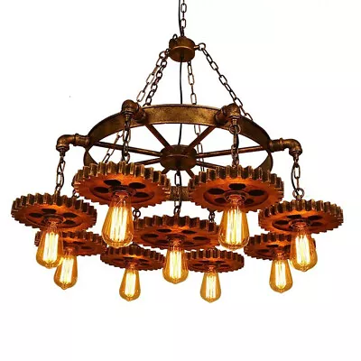 9-Head Rustic Ceiling Light Pendant Lamp Fixture Steampunk Gear Chain Chandelier • $83