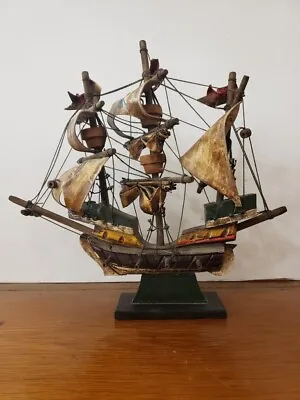 Vintage Santa Maria Model Wooden Boat Sailing Ship Figurine 11  X 10  • $28
