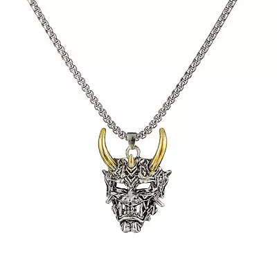 Gothic Mens Skull Samurai Mask Pendant Necklace Prajna Face Stainless Steel Gift • £6.62