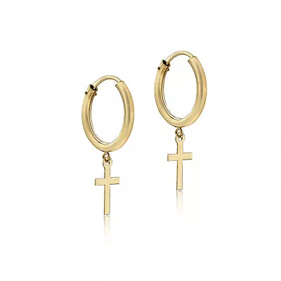 9CT Yellow Gold Cross Sleeper Hoop Drop Earrings • £44.99