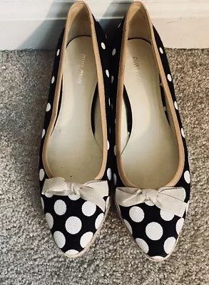 Miu Miu Black / Cream  Canvas Polka Dot Espadrille Bow Flats Sz 39 1/2 Italy • $65