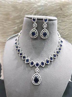 Bollywood Designer Silver Plated AD CZ Necklace Jhumka Earrings Indian  Jewelry • $21.35